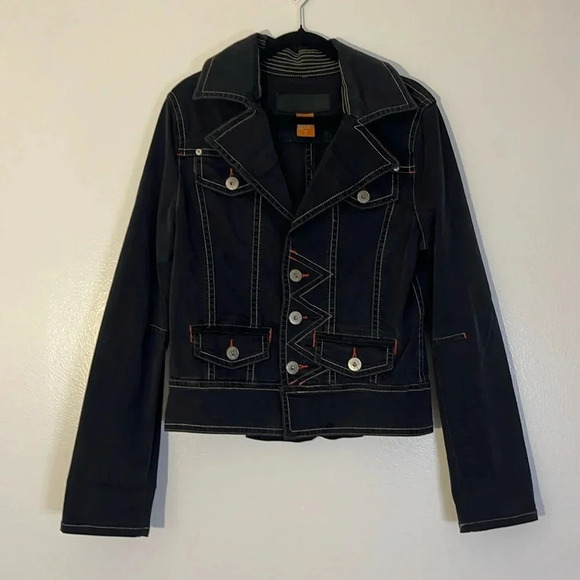 Christopher Blue | Black denim jacket Contrast stitching Women’s size L stretch - Picture 1 of 10